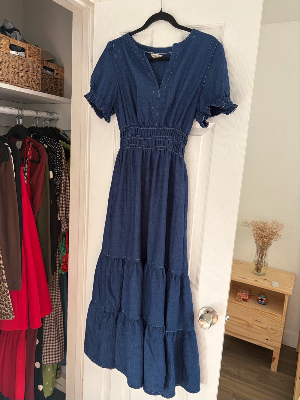 Max Studio Navy Blue Tiered Maxi Dress with Smocked Waist